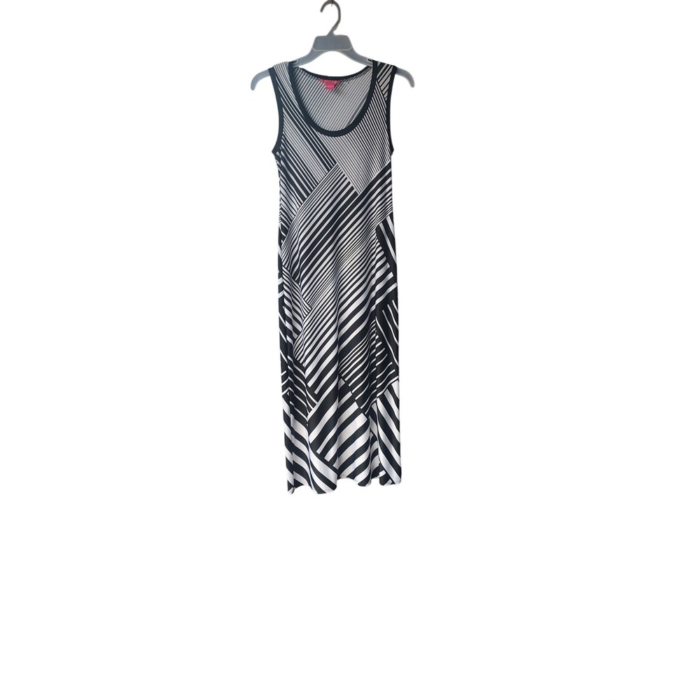 Sunny Leigh Womens Black White Geometric Striped Sleeveless Midi Dress Size M